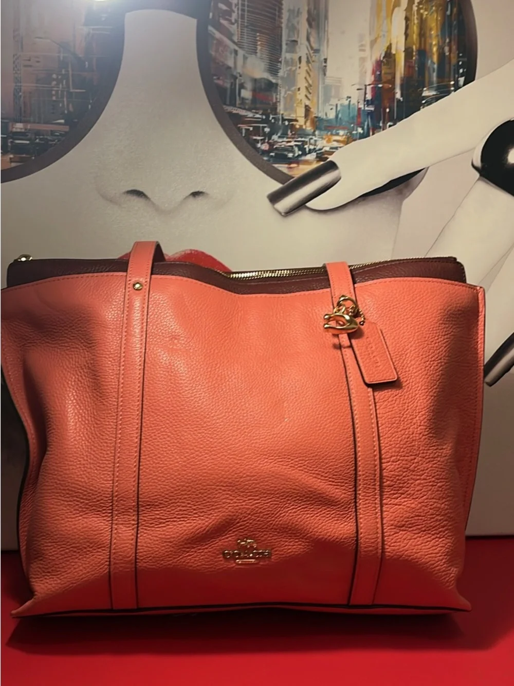 Coach Coral Pink Pebbled Leather Shoulder Bag with Gold Logo